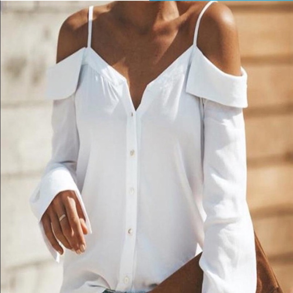 Off-shoulder, v-neck, long sleeved blouse